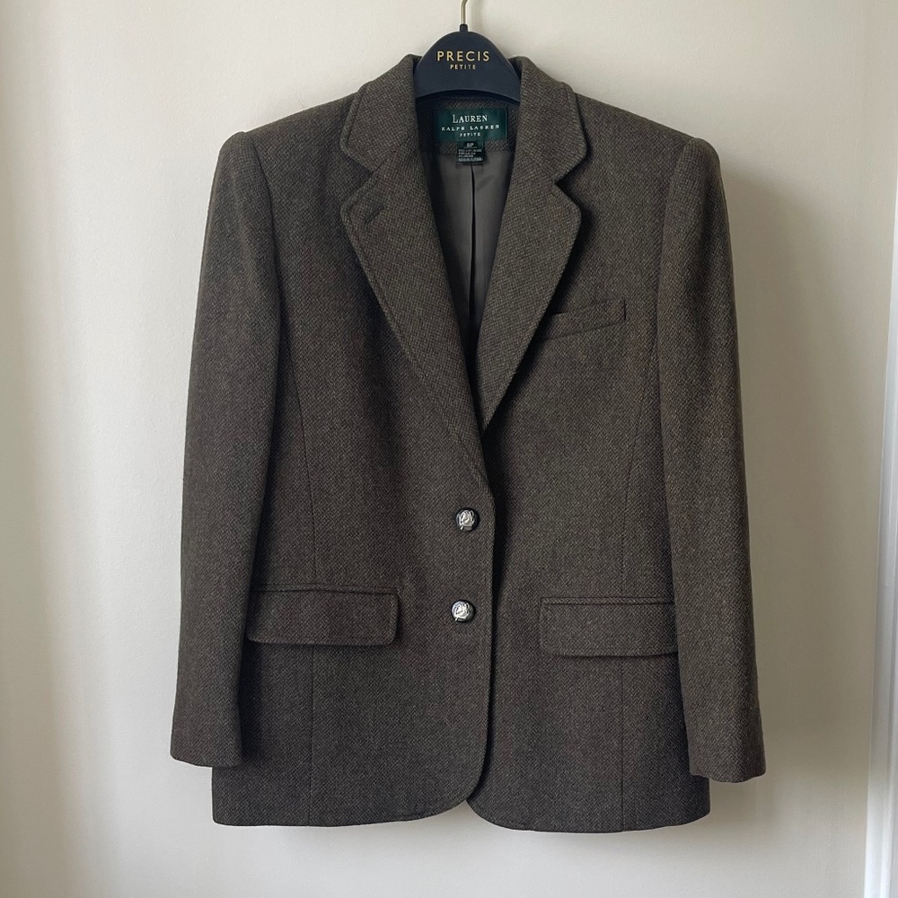 Classic Ralph Lauren Olive Green Lamb's Wool Lined Tweed Blazer